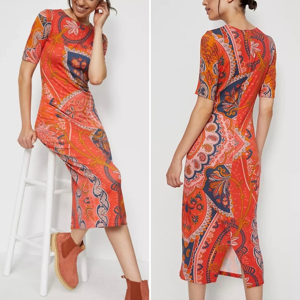 Farm Rio Anthropologie Giannina Knit Midi Dress‎ Paisley Women's Small Orange